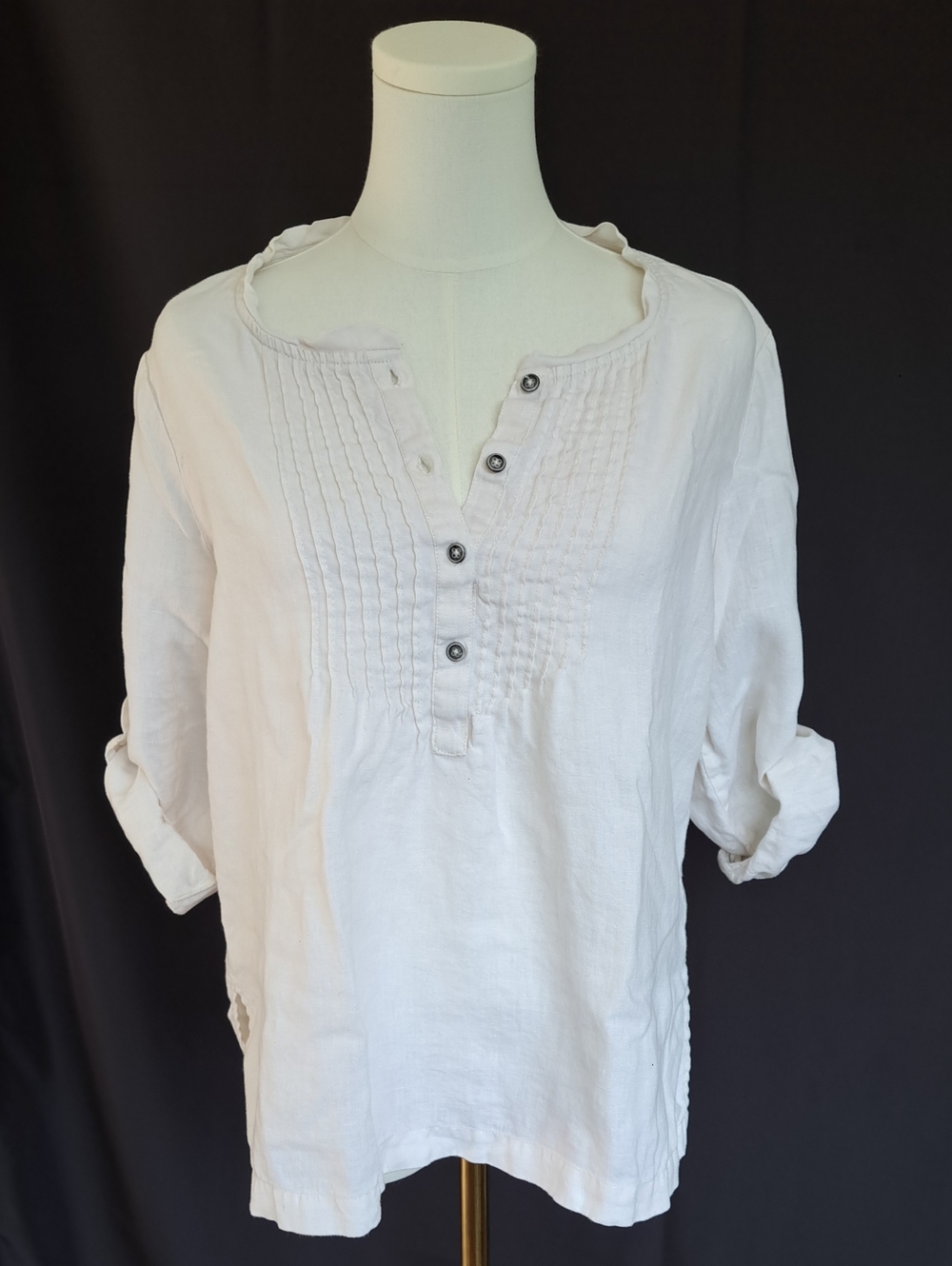 VTG Hot Cotton 100% Linen Cream Pintuck Henley Blouse Coastal Boho Lagenlook S